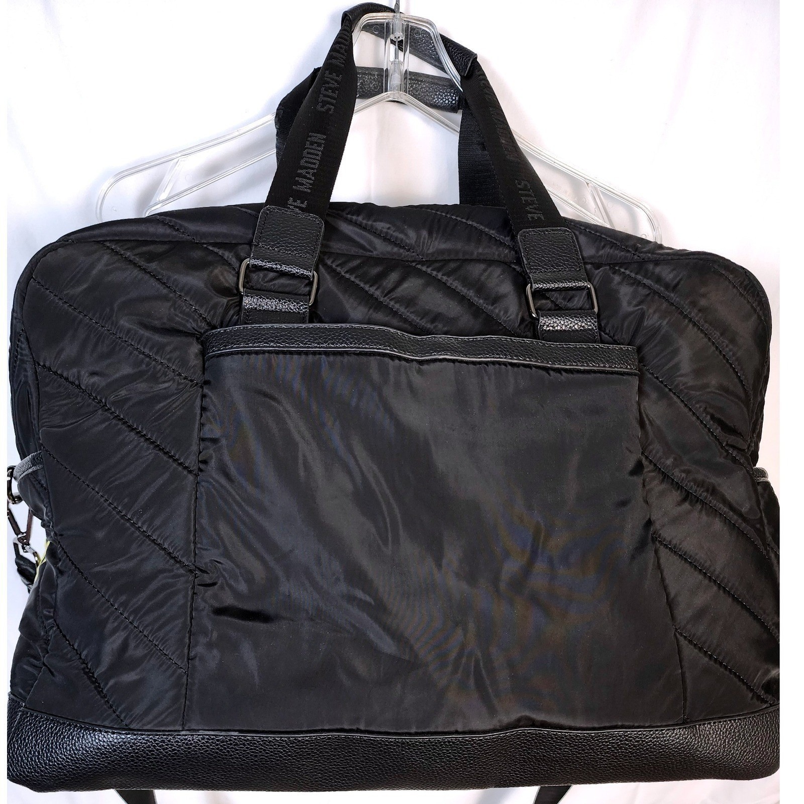 Steve Madden Black Quilted Nylon Duffle Weekender Bag Yellow Logo Graphic Mens