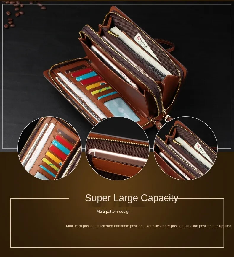 Mens Wallet Leather Zipper Large Phone Card Holder Bag Business Clutch Handbag