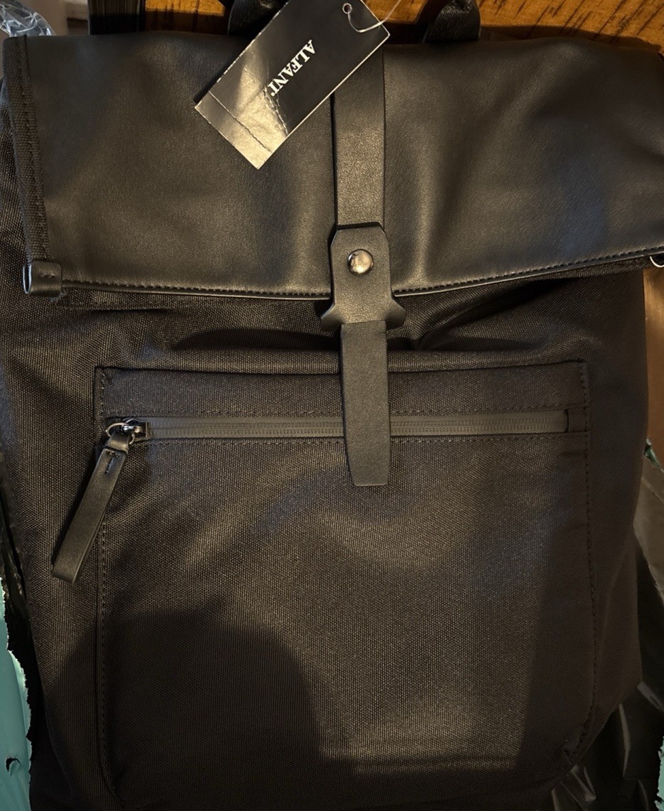 ALFANI Backpack Black Canvas Roll Top Backpack Faux Leather Trim Laptop Sleeve
