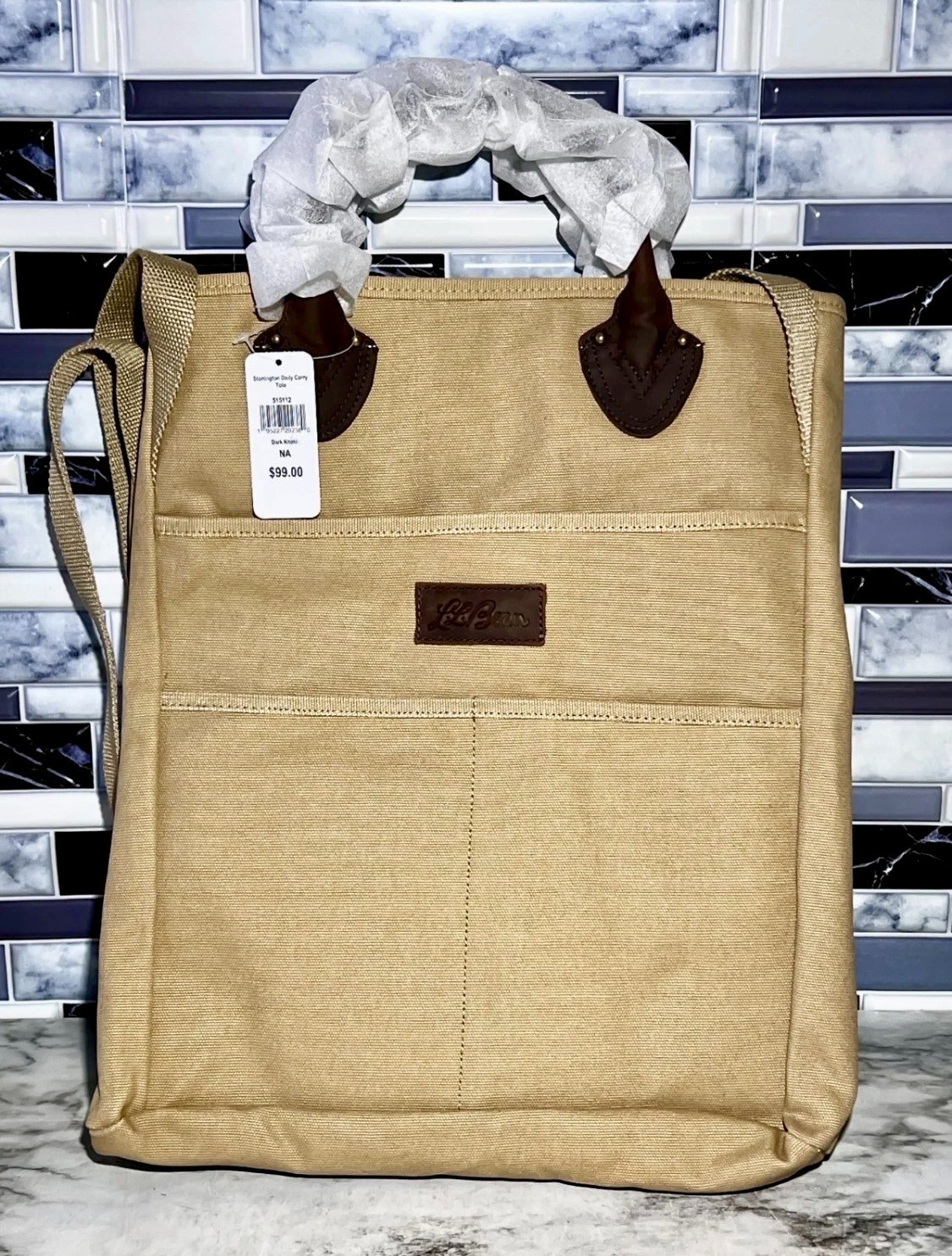 L.L. Bean Stonington Tote Bag Daily Carry Canvas Dark Khaki Leather Handles