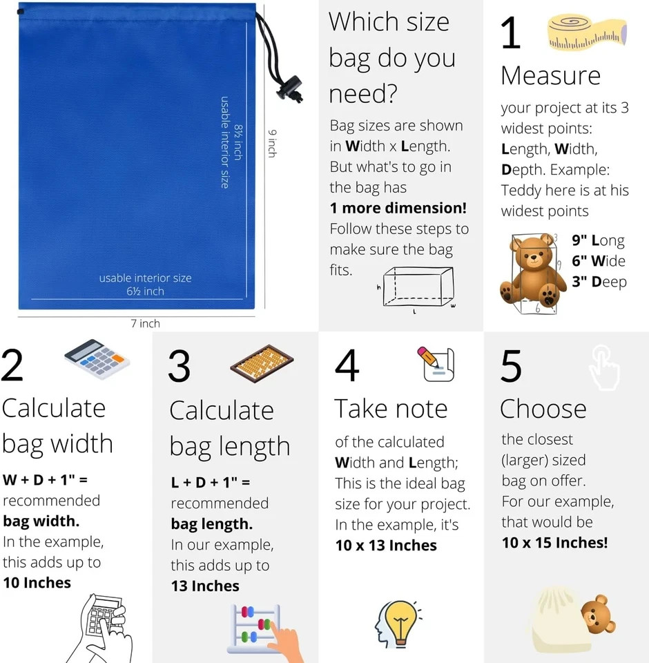 Drawstring Bag with Toggle – Nylon Cinch and Ditty Pouch Six-Pack (Blue, 7 x 9 I