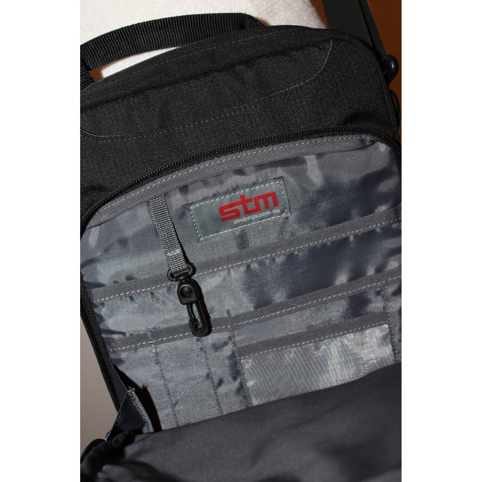 STM Black Nylon Vertical Messenger Crossbody Tablet Tech Bag Organizer Utility