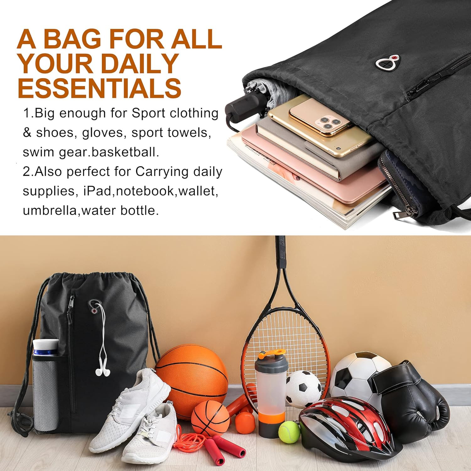 Black Drawstring Backpack Gym Bag for Men Women String Sports Backpack with Wate