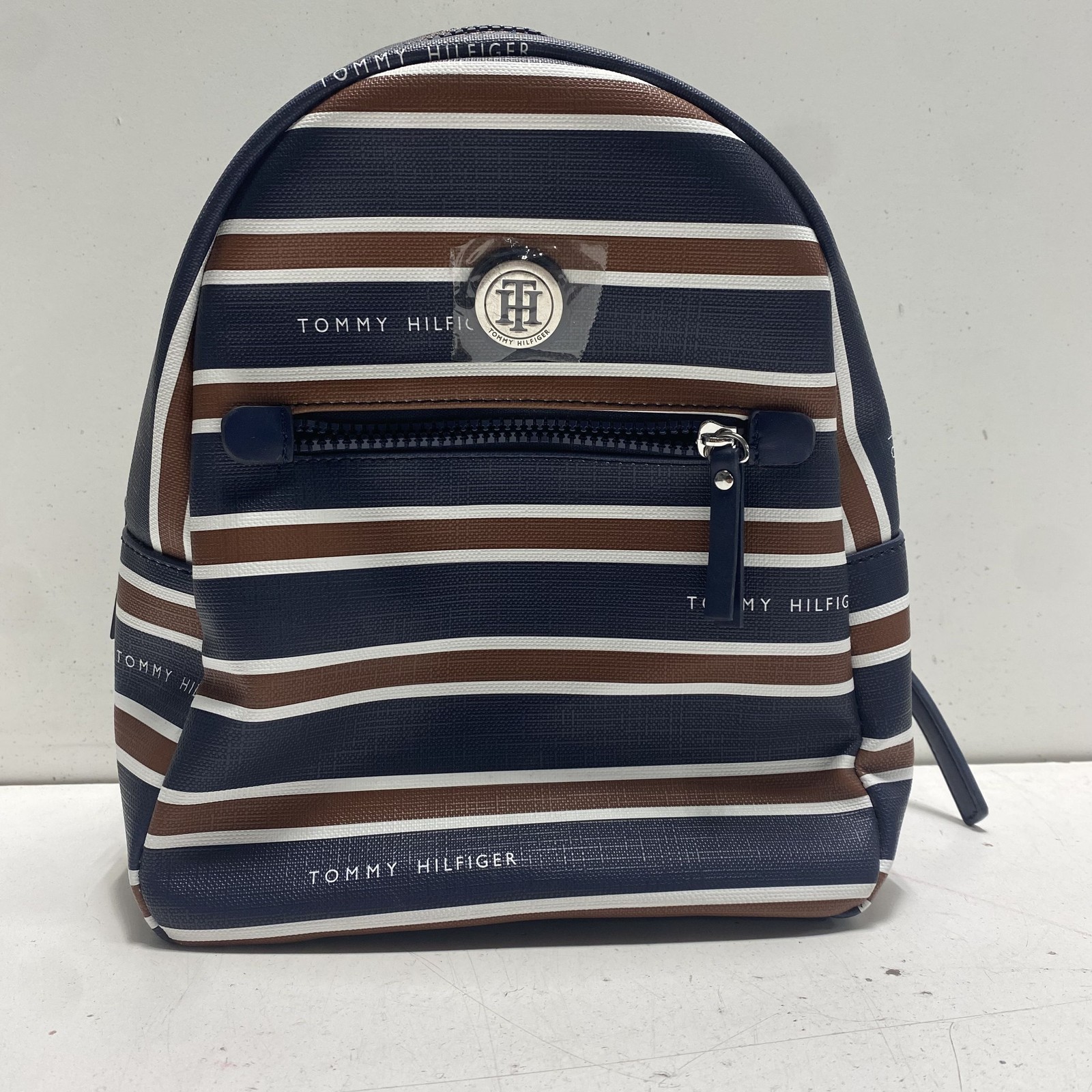 Tommy Hilfiger Navy Blue White Brown Striped Mini Backpack PVC Silver HW NWT
