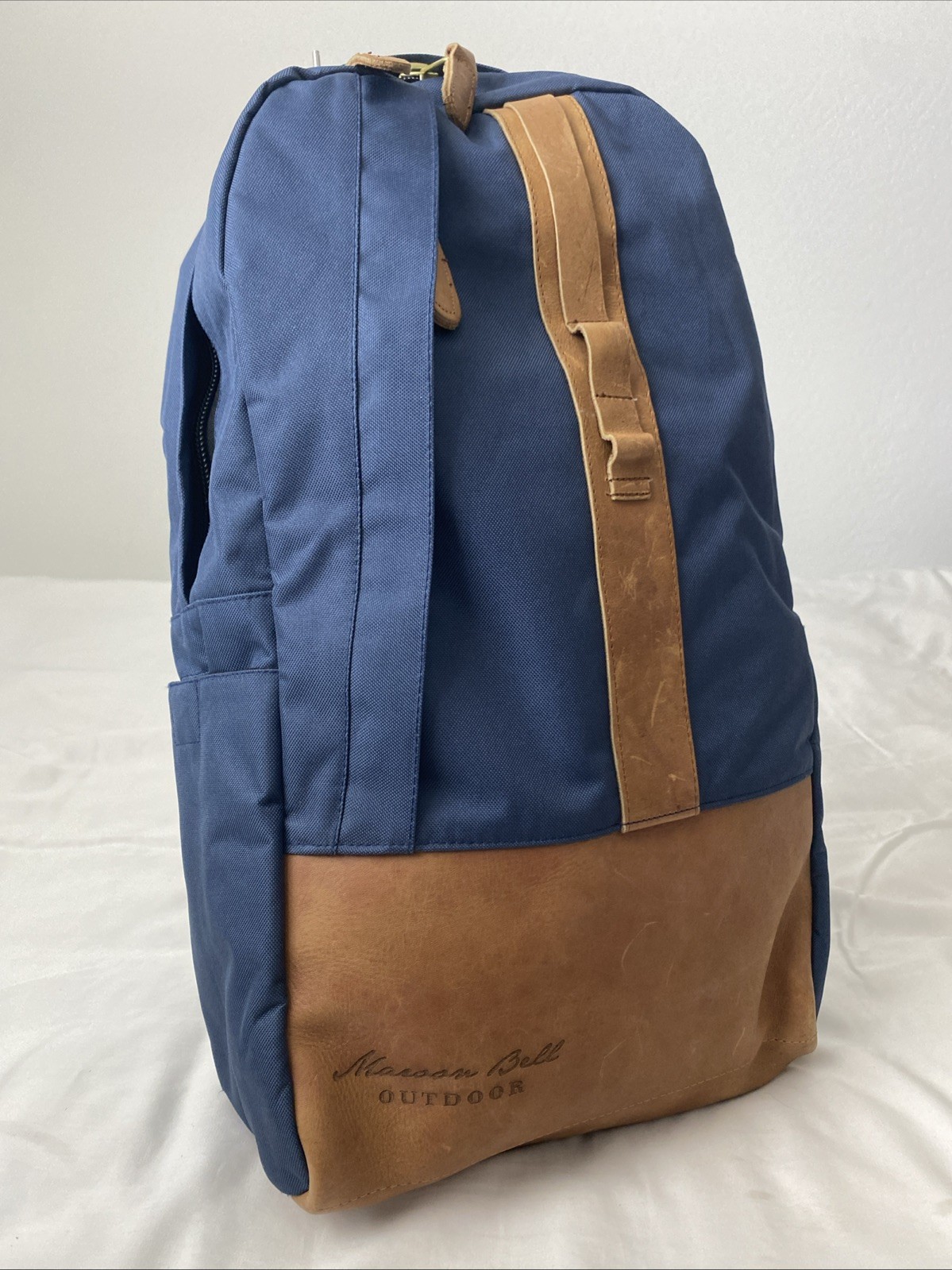 Maroon Bell Outdoor Weekender Backpack Blue With Brown Leather