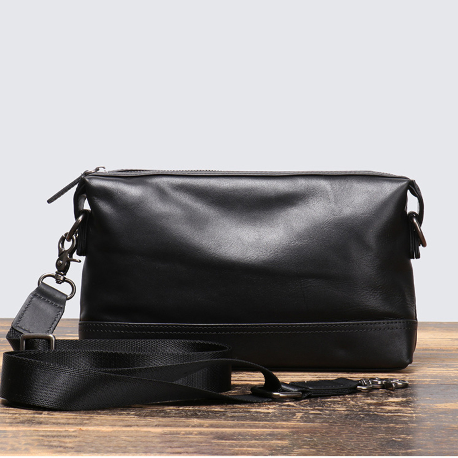 Mens Black Leather Crossbody Bag Shoulder Messenger Bag with Adjustable Strap