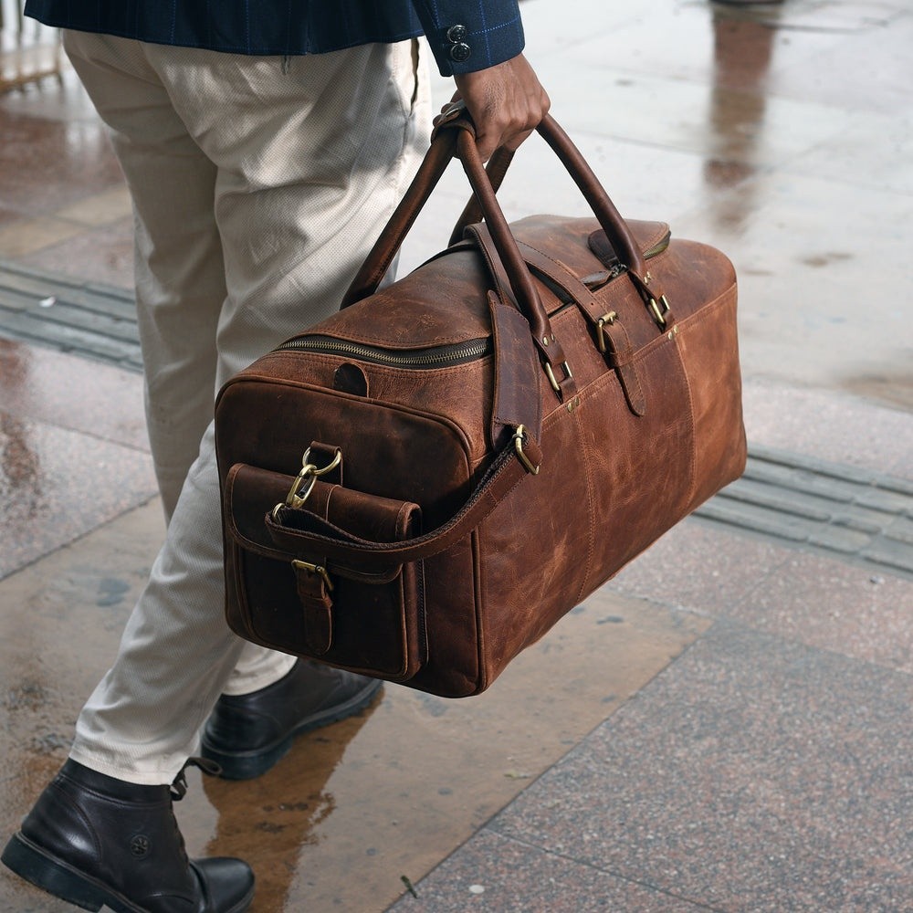 Men’s Full Grain Buffalo Leather Duffle Bag Vintage Travel Weekender Brown 22″.