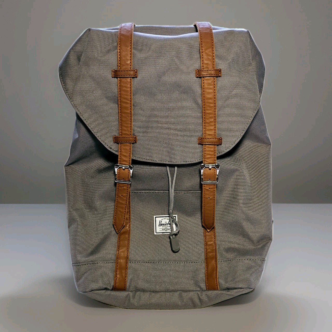 Herschel Supply Co. Little America Backpack Grey Tan Leather Trim Laptop Bag EUC