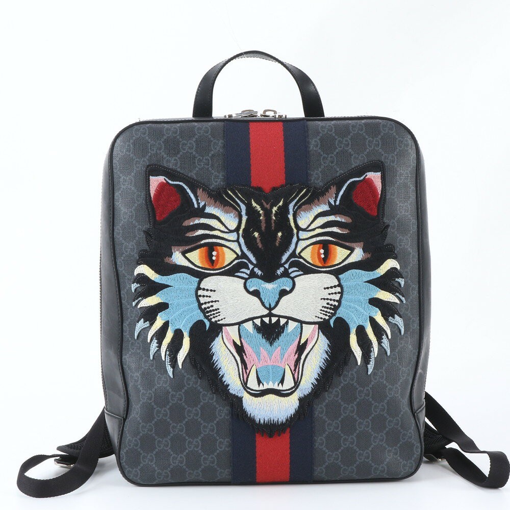 Gucci GG Supreme onogram Angry Cat Leather Backpack Black Web Stripe 473324