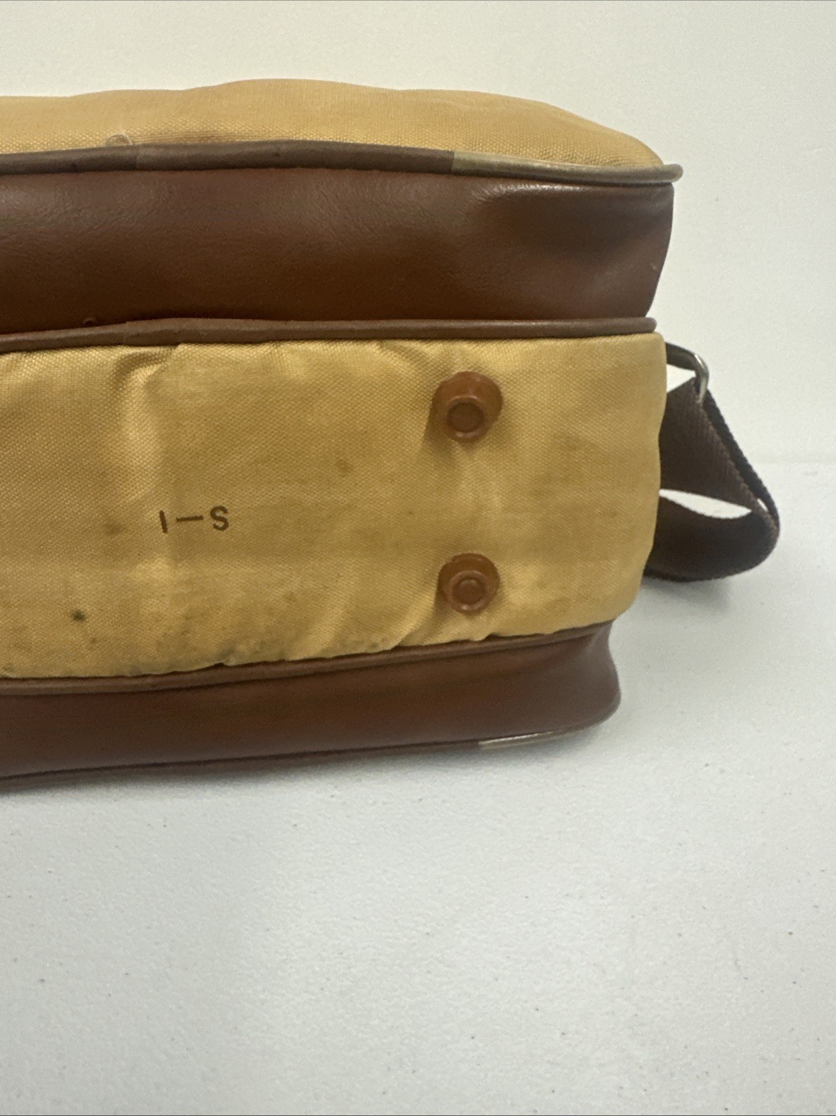 Canon Camera Bag Beige Brown Leather Canvas Zip Pockets W/Strap & Handle WORN