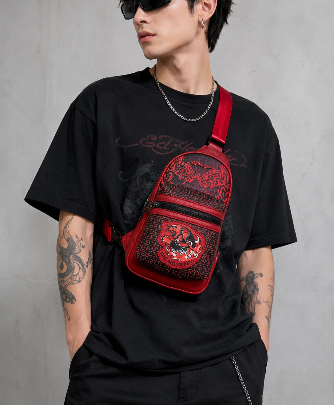 Ed Hardy Tiger Sling Backpack Crossbody Red Black Skull Zip Adjustable NWT