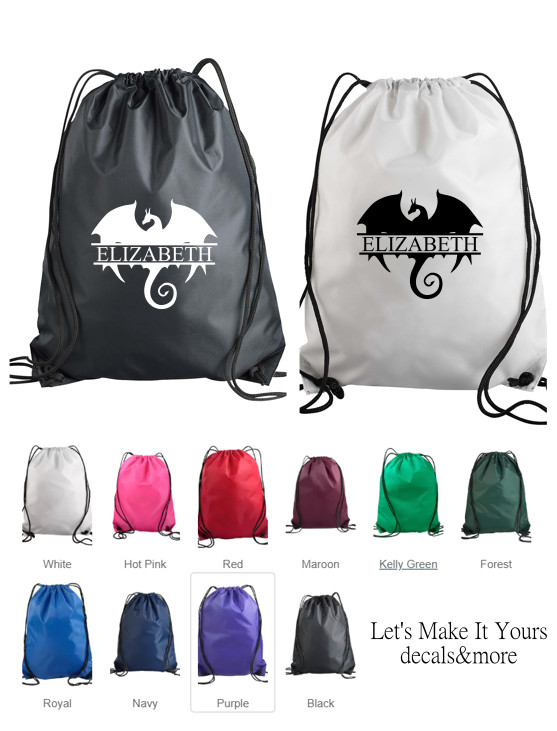DRAGON DESIGN W/ NAME CUSTOM DRAWSTRING BACKPACK CINCH SAC NYLON GIFT BAG SCHOOL