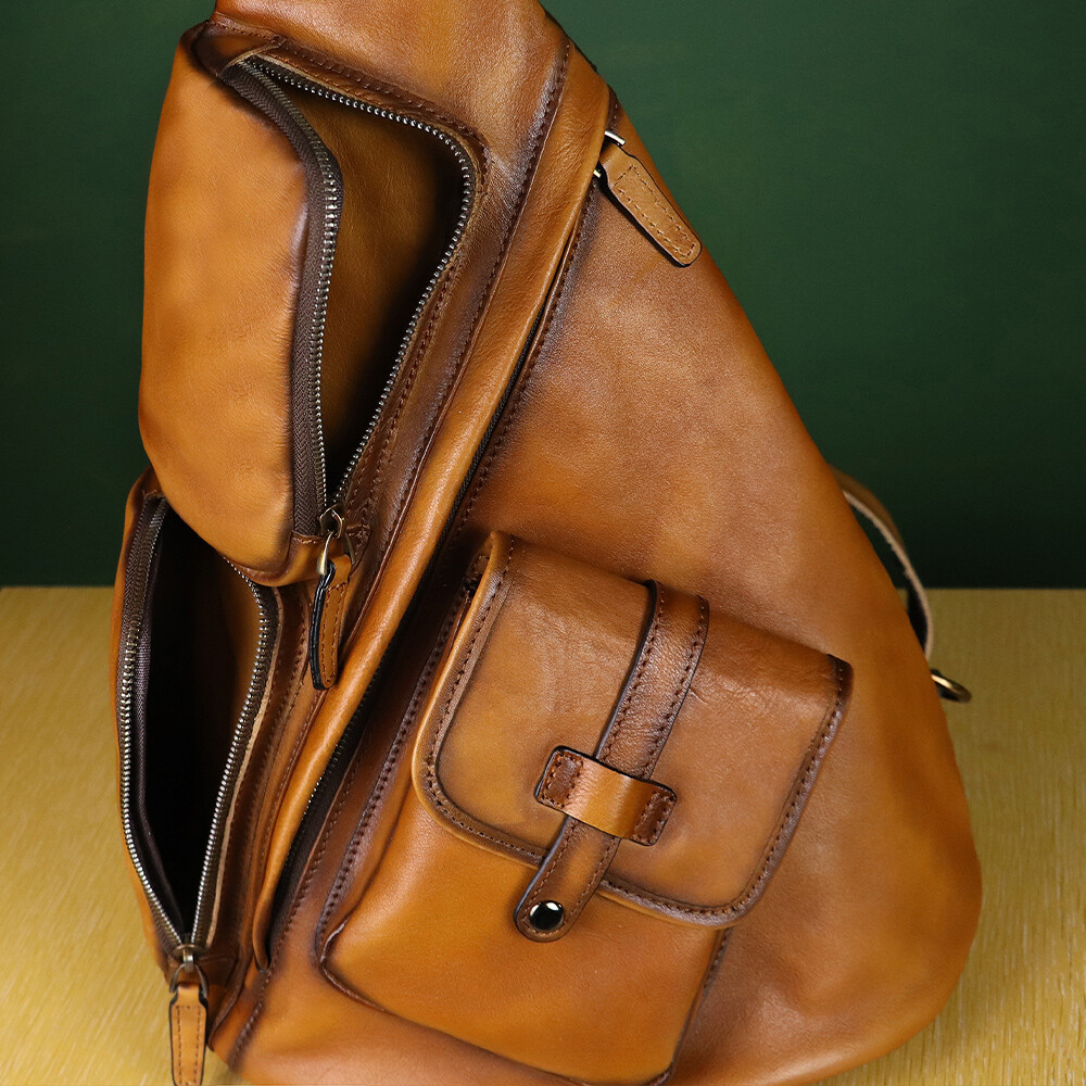 Genuine Leather Men Large Sling Bag Crossbody Bag Real Leather Backpack Purses