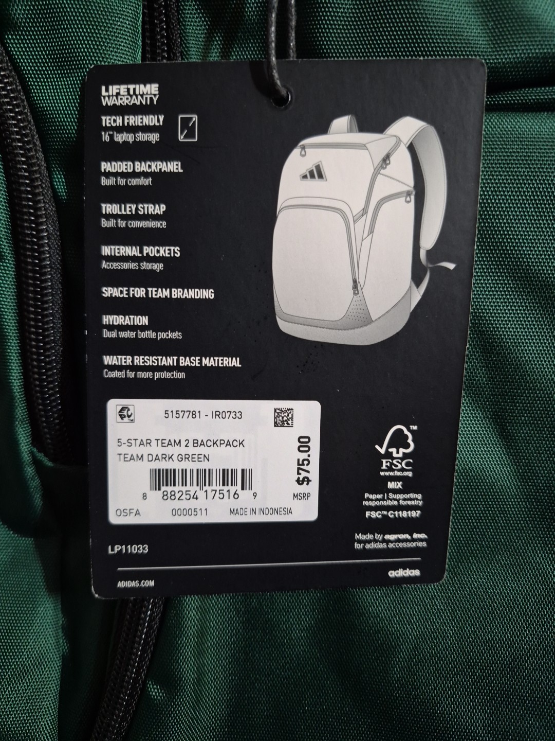 Adidas 5-Star Team 2 Backpack Dark Green 16″ Laptop Storage