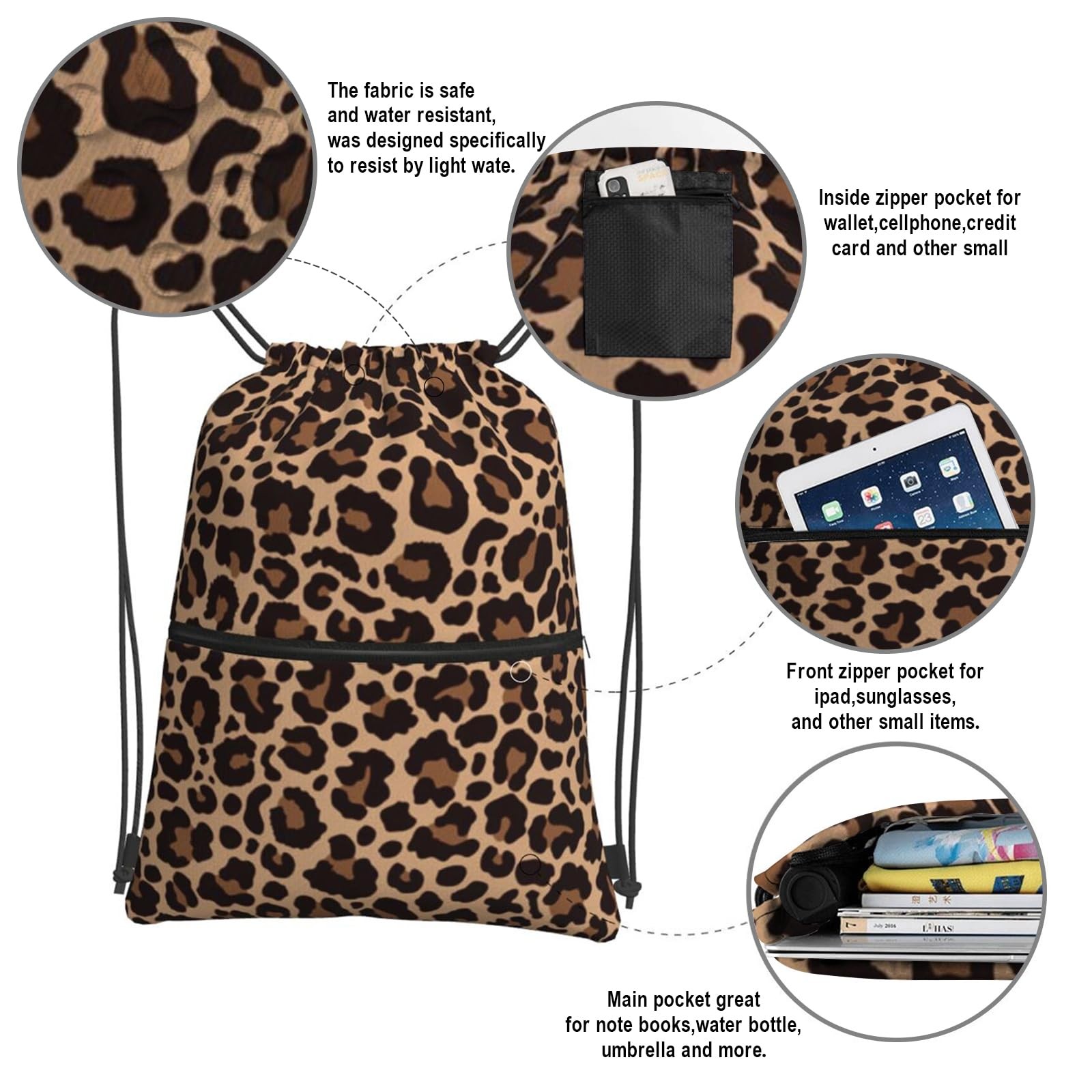 Leopard Print Drawstring Backpack Gym Sackpack Waterproof Beach String Bag