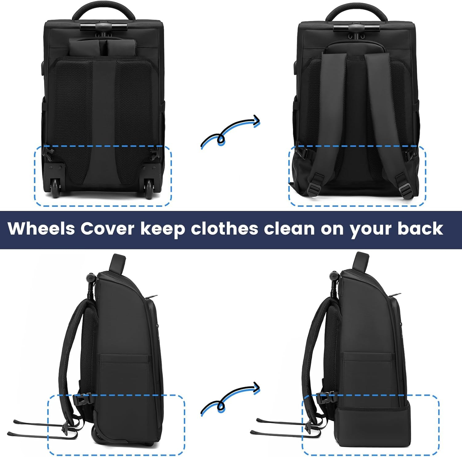 Rolling Backpack with Wheels 15.6 Inch Laptop Travel Carry On Waterproof Black