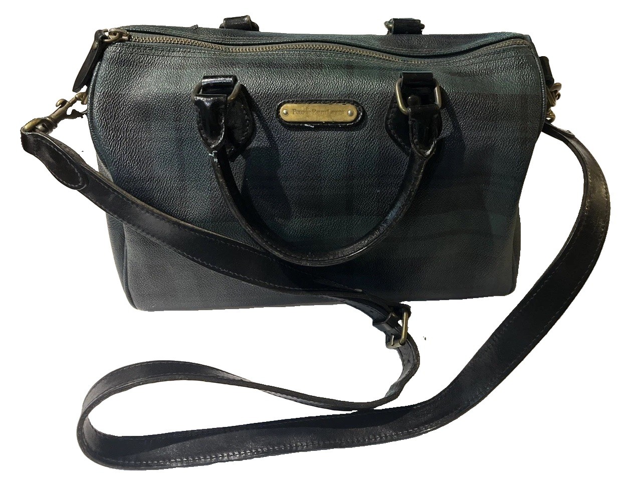 POLO by Ralph Lauren Blackwatch Plaid Pattern Leather Bag Black Trim Vintage