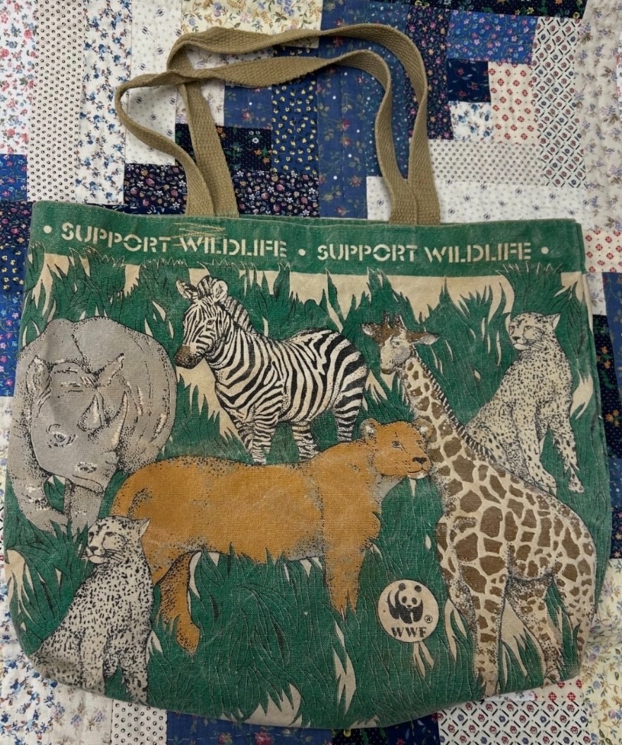 1991 Cotton Canvas World Wildlife Fund Handled Tote Bag All Over Print Safari