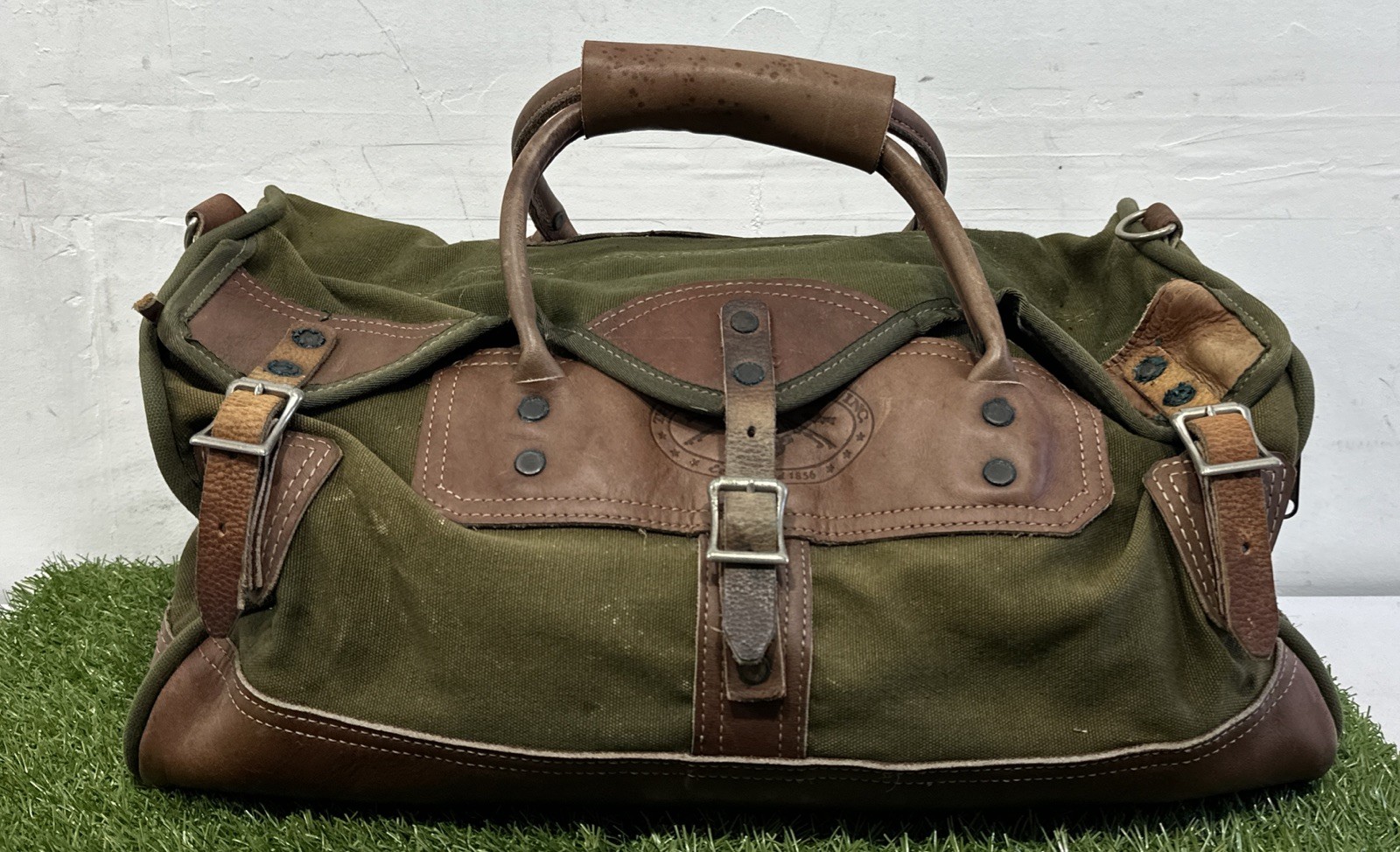 VNTG Orvis Duffle Bag Canvas Leather Green Brown Travel Weekender Luggage Large