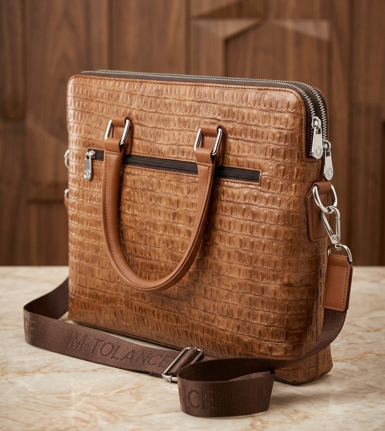 Luxury Montblanc Men’s Brown Crocodile Textured Leather Laptop Bag Briefcase