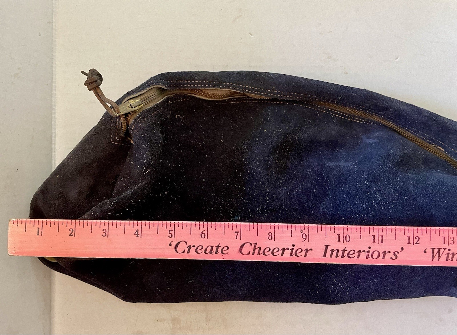 Vintage SUEDE Zippered Gear Bag Brass Zipper Distressed Western Navy 18×8” USA