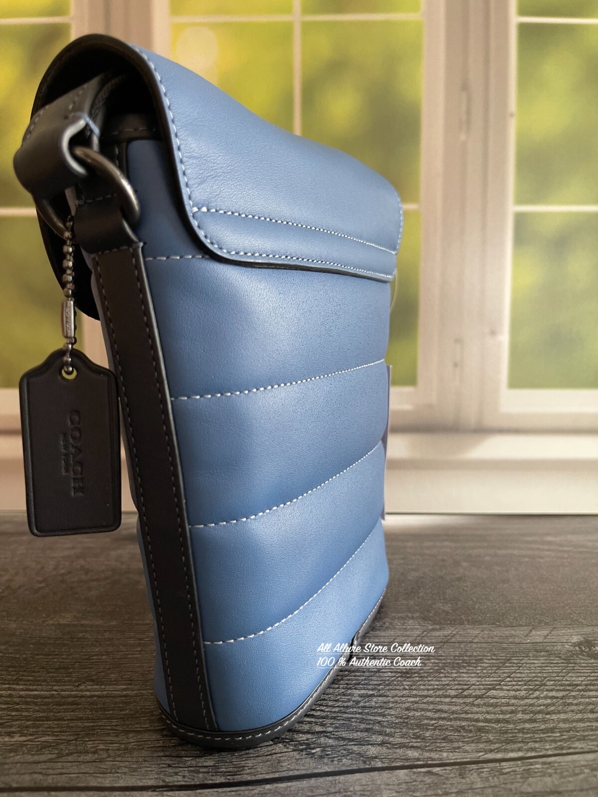 Coach Men Track SkyBlue Leather Crossbody Small Flap Quilting Shoulder Bag