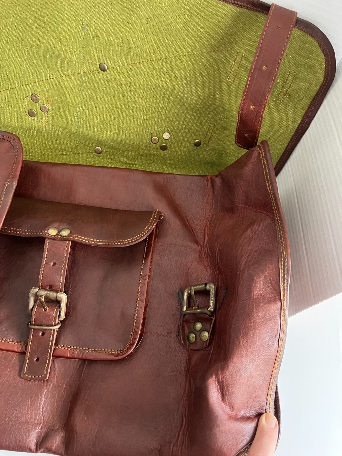 Large Brown Leather Messenger Bag with Buckled Pockets & Zip Top, Made in India