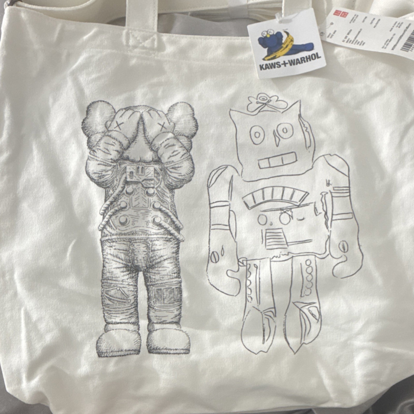 KAWS + WARHOL White Graphic Print Tote Bag Inner Pocket Double Handles Art