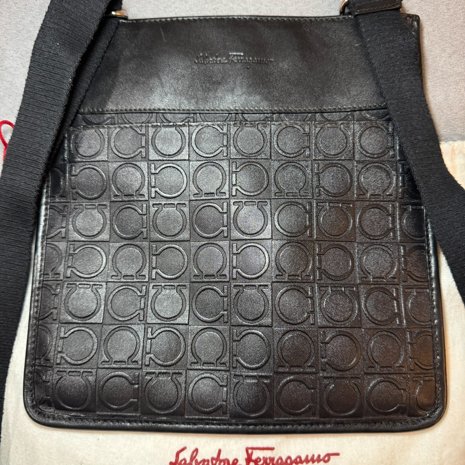 Salvatore Ferragamo Embossed Gancini Leather Crossbody Bag – Black Made in Italy