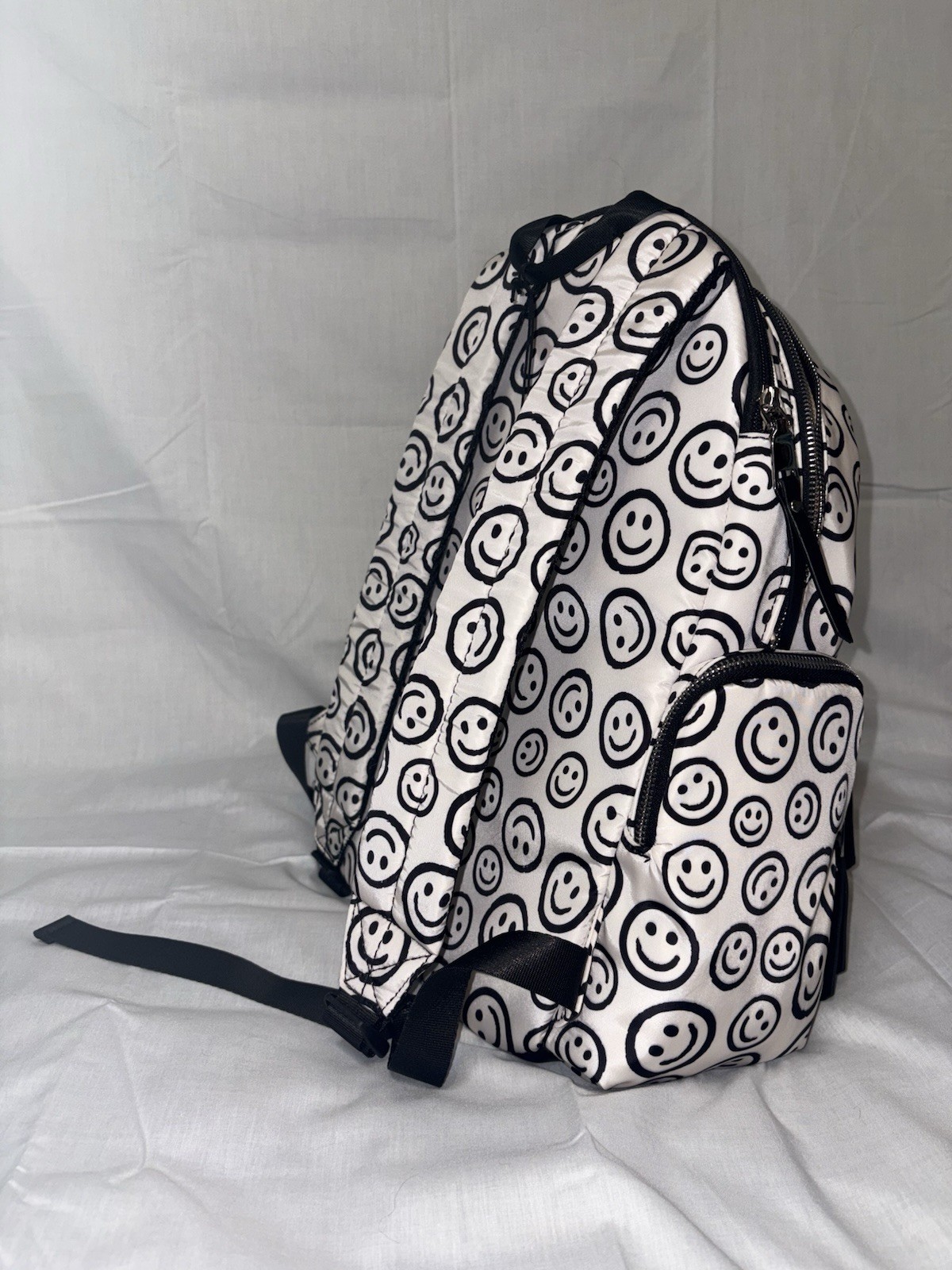 Madden NYC Smiley Face Backpack White Black Adjustable Strap Medium