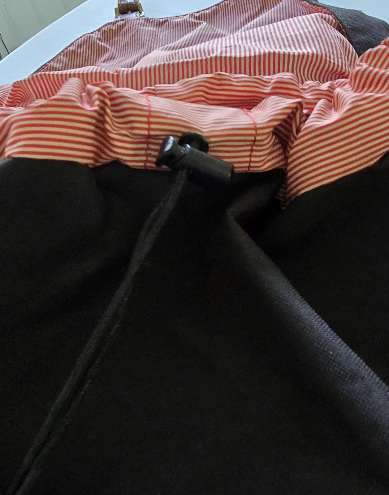 Herschel Backpack Black, Brown Straps, Red/White Striped Interior Large Flap Bag