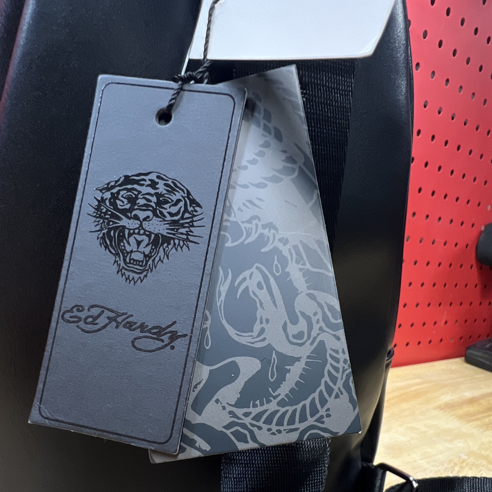 Ed Hardy Black Tiger Embossed Crossbody Bag, Small, Zip, Adjustable Strap