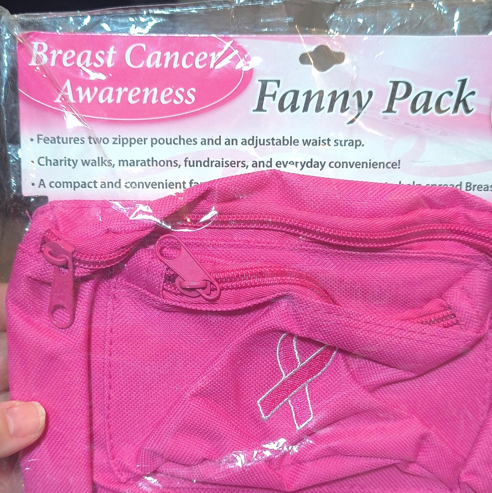 Breast Cancer Awareness Pink Fanny Pack Belt Bag Adjustable Strap 2 Zip Pockets