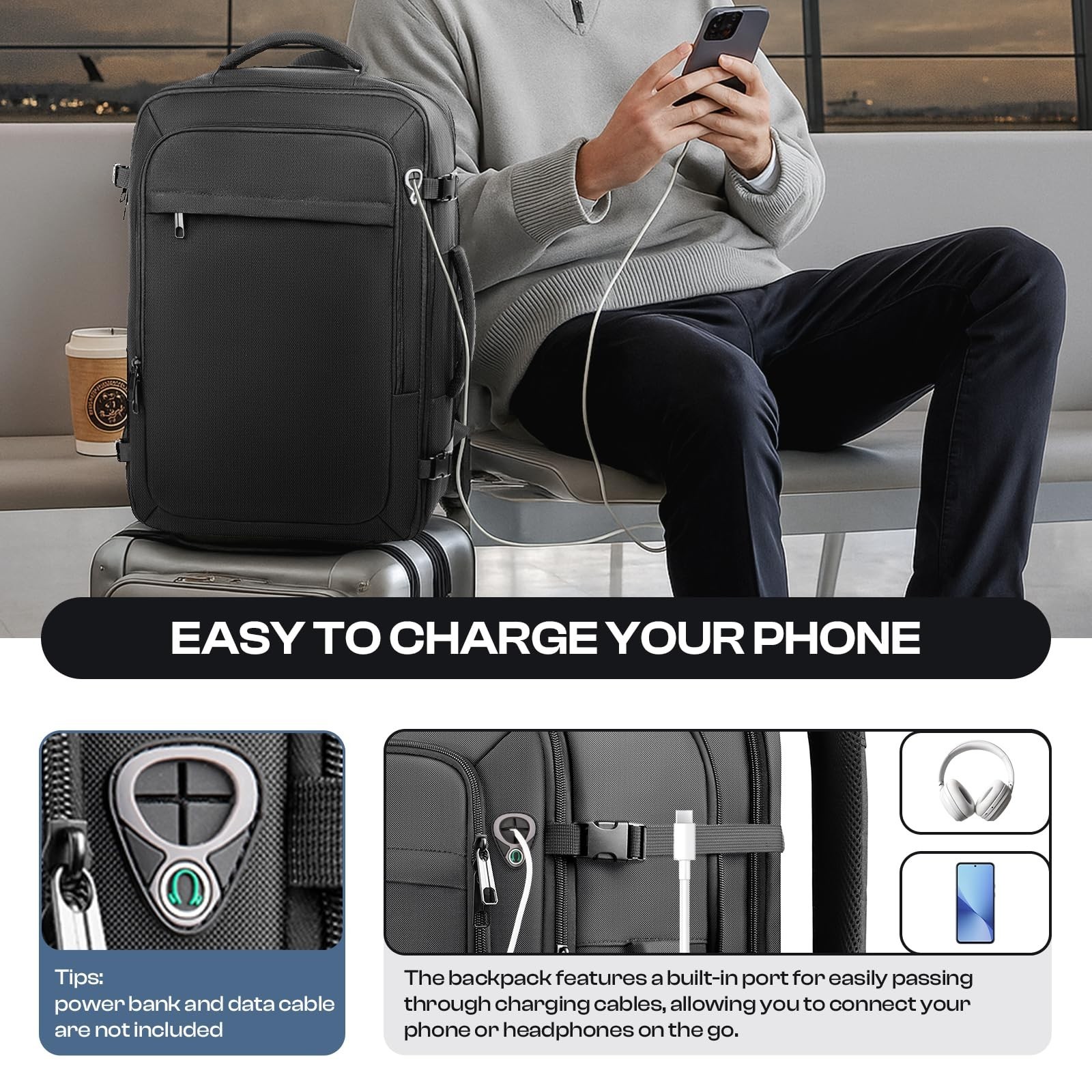 Extra Large 55L Travel Backpack, TSA Approved, Expandable, Water Resistant, Fits