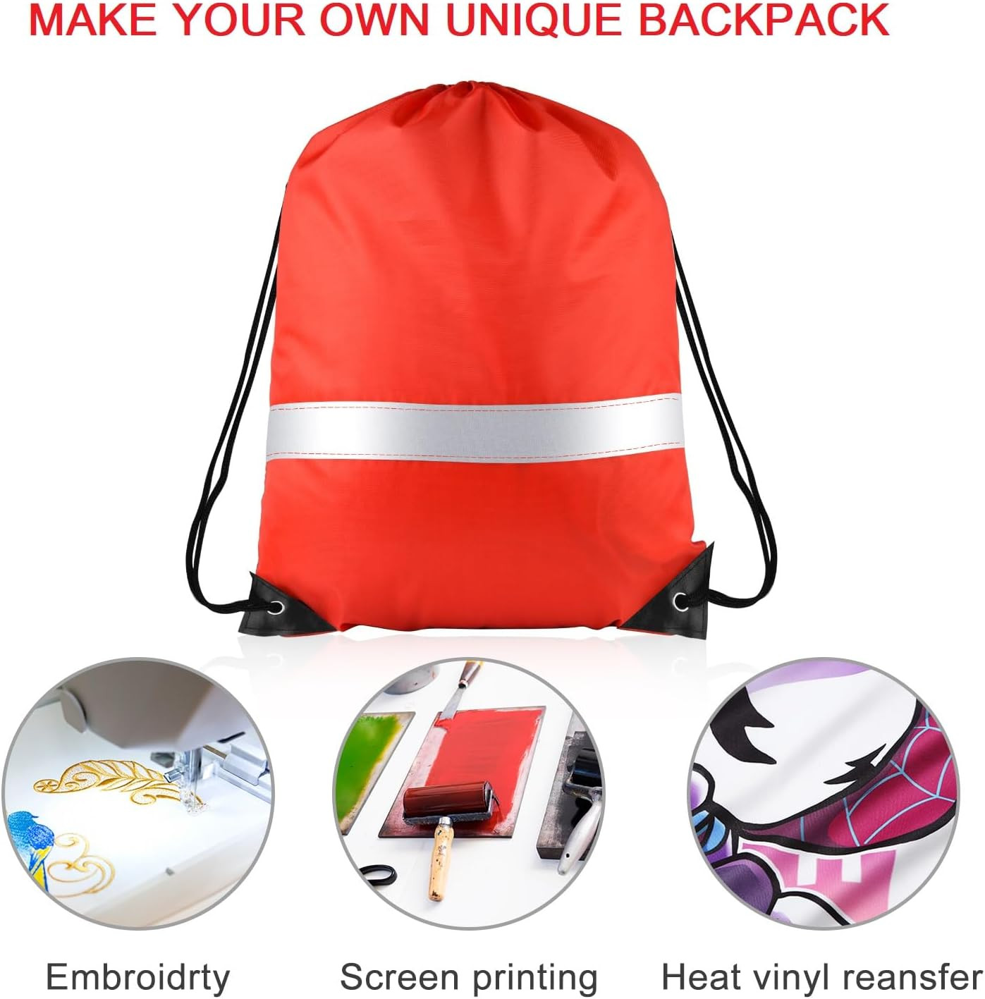 12 Pcs Red Drawstring Backpacks with Reflective Strips – Polyester, 15.7″ X 13.4