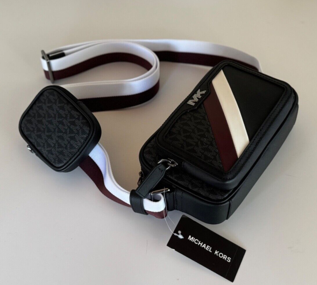 MICHAEL KORS RIVINGTON STRIPED CROSSBODY CAMERA BAG WITH POUCH OXBLOOD