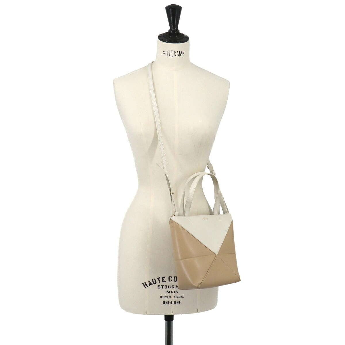 LOEWE Mini Puzzle Fold 2way Tote Shoulder Bag Leather Beige White 90330891