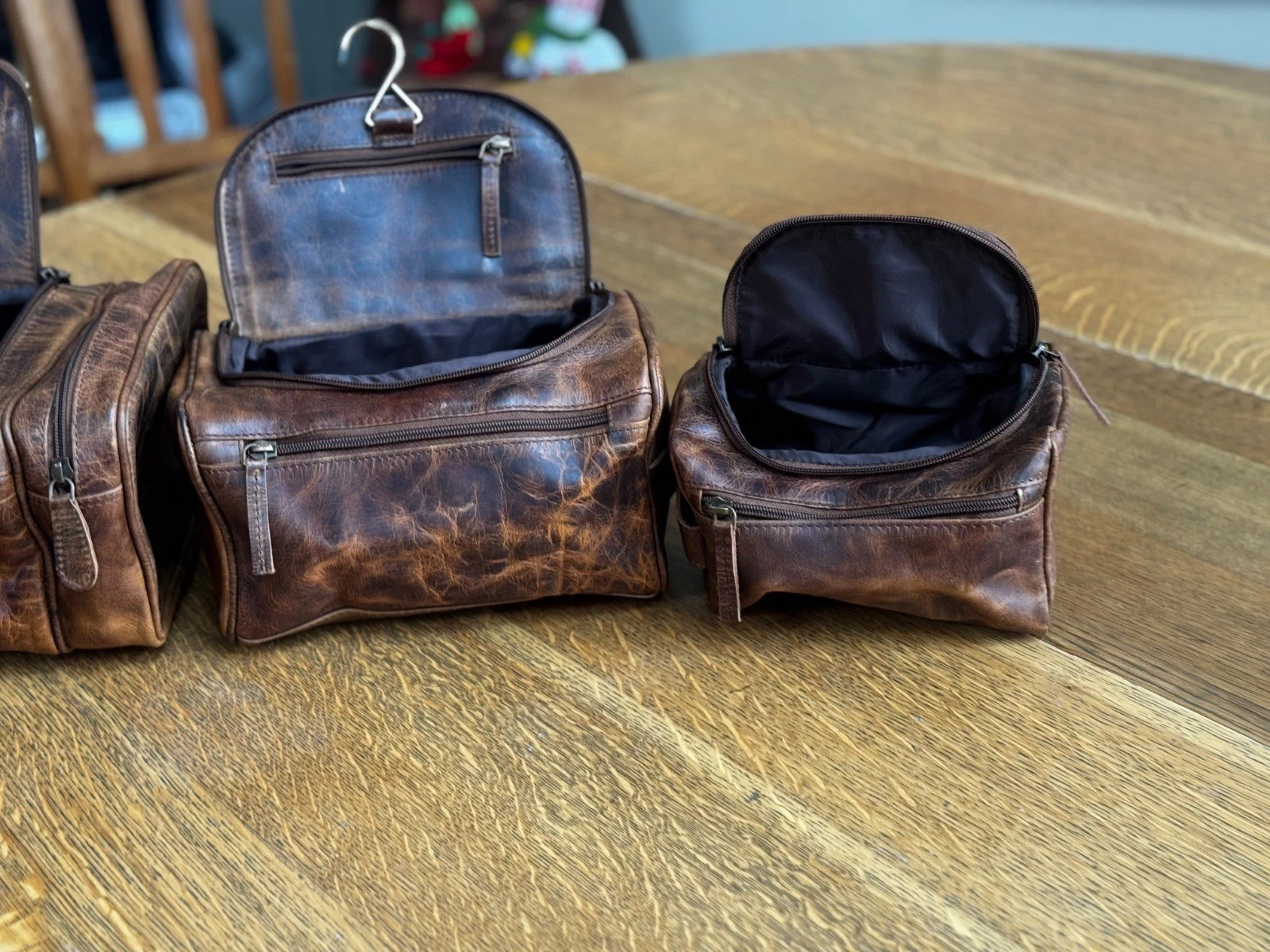Medium size Grain Leather Dopp Kit Shaving Toiletry Travel Bag Dark Brown