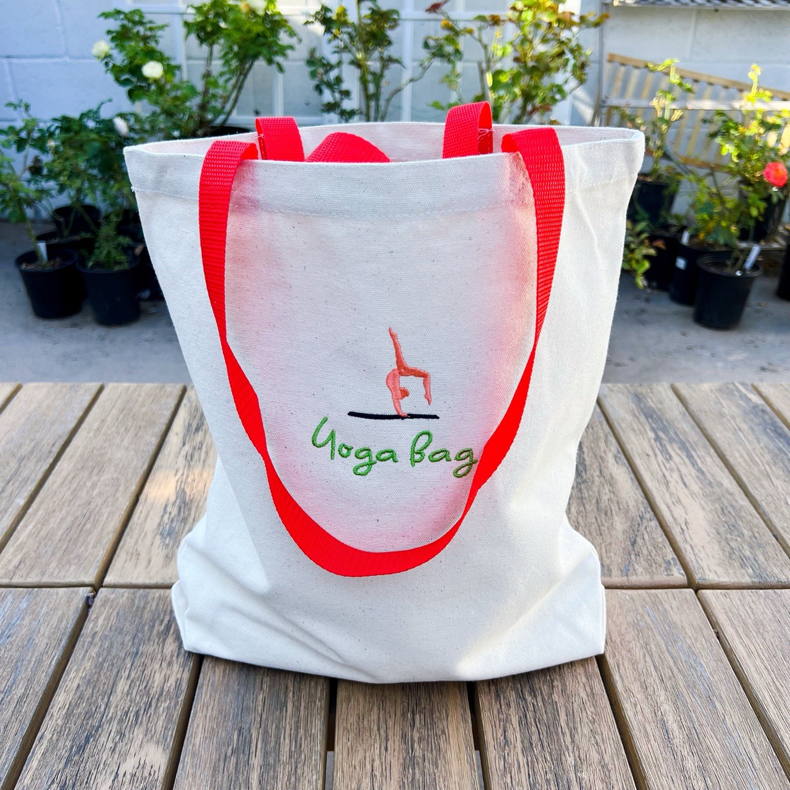 Yoga Bag logo Custom Embroidery Natural Color neon red handles Canvas tote Bag