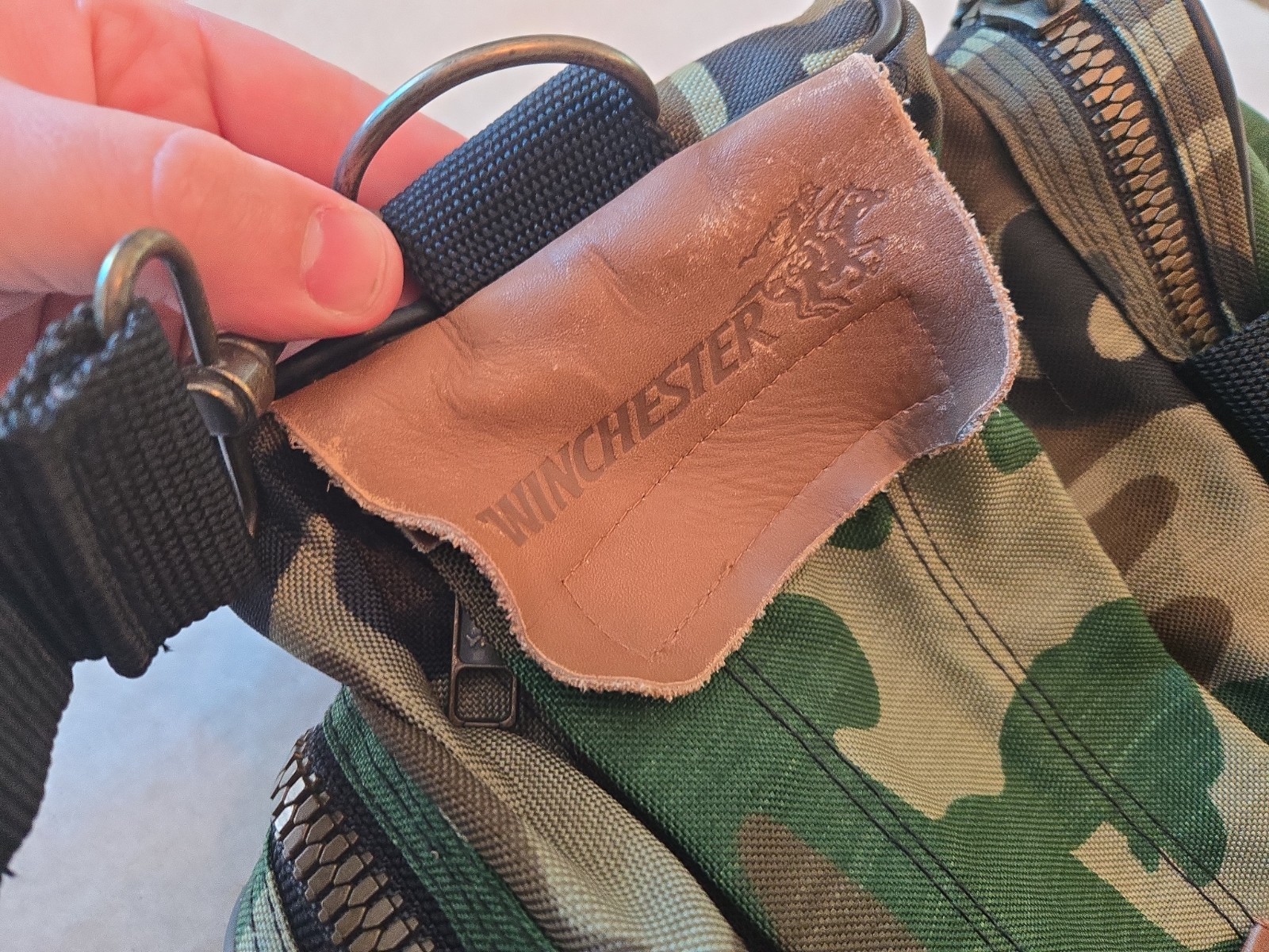 Vintage Camo Winchester Duffle Bag Single YKK Zipper Med Size 21x14x14” One Tear