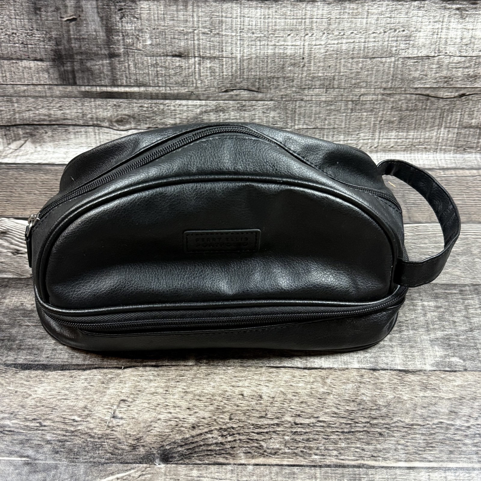 Perry Ellis Portfolio Black Leather Toiletry Bag Dopp Kit Travel Organizer Zip