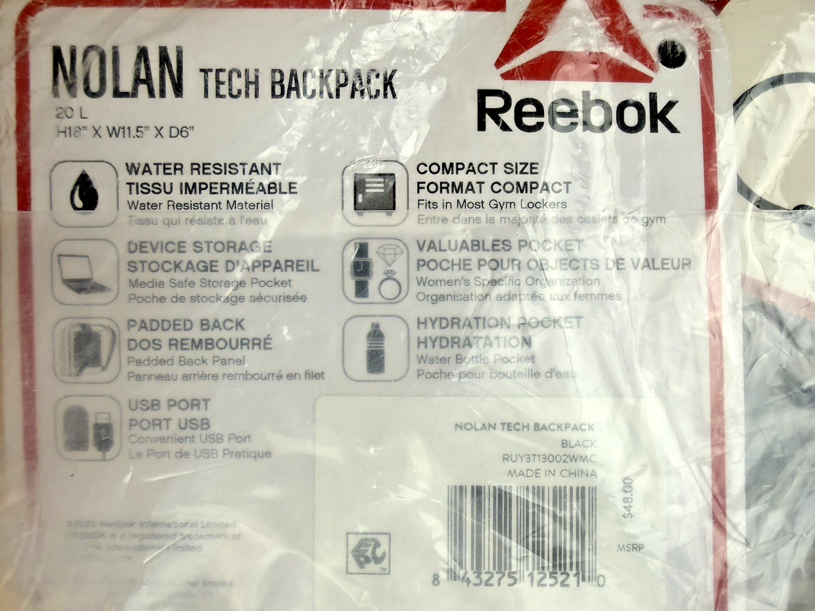Reebok Black Backpack NWT Nolan Tech Unopened H18″xW11.5″xD6″