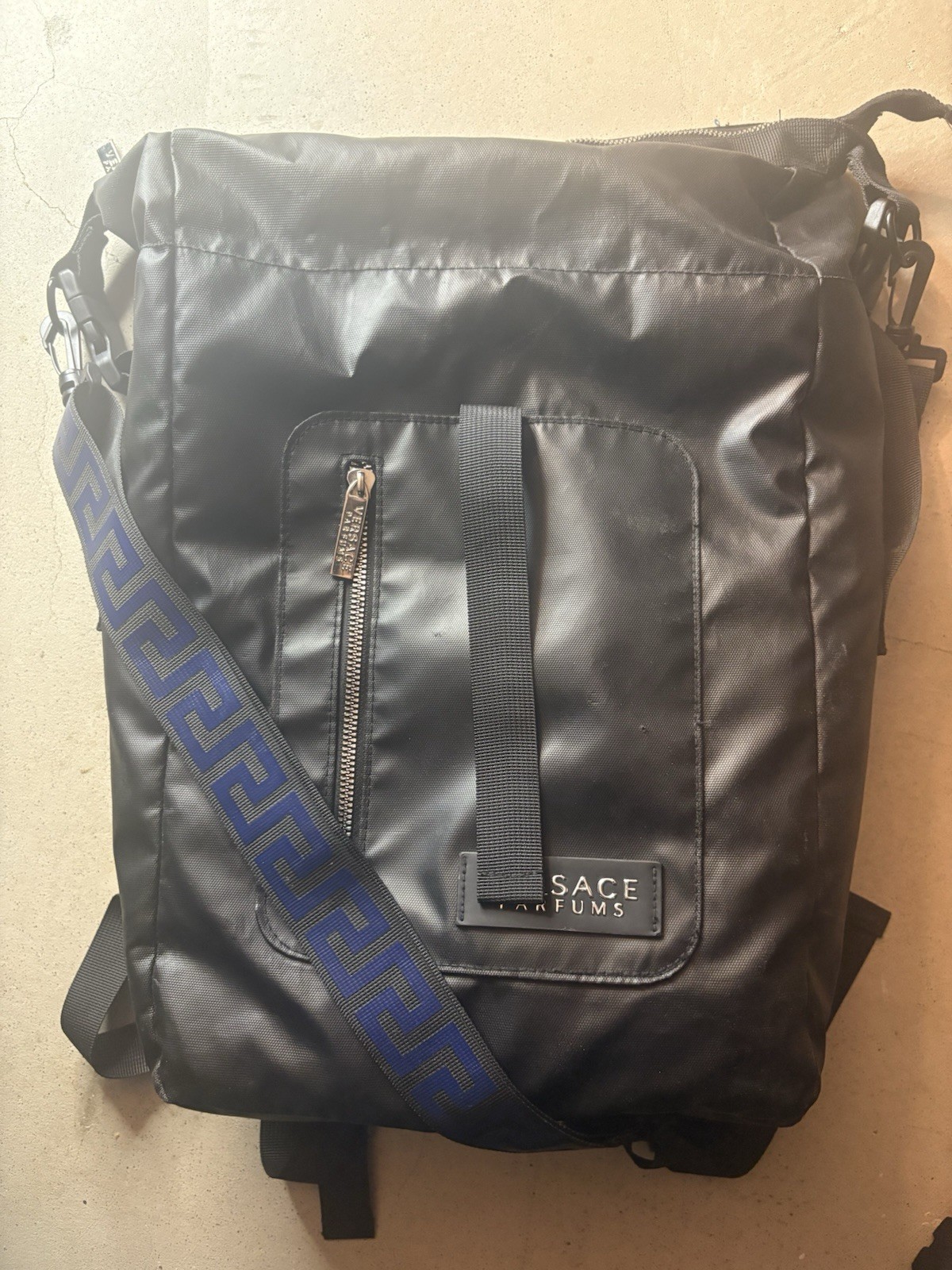 Versace Men’s Black Backpack Blue Straps Zip Closure Adjustable Shoulder Strap
