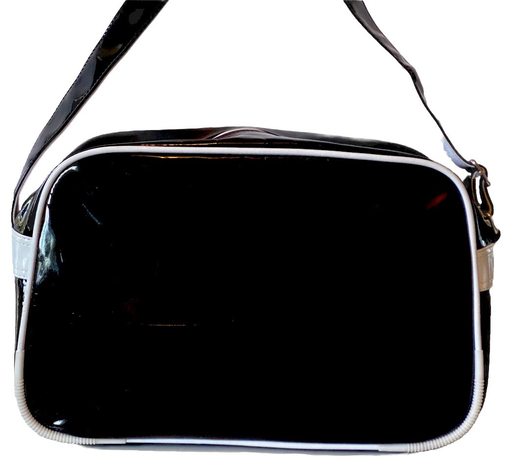 Vtg 90s Y2k Nike Patent Leather Messenger Gym Bag Side Body Black White Swoosh