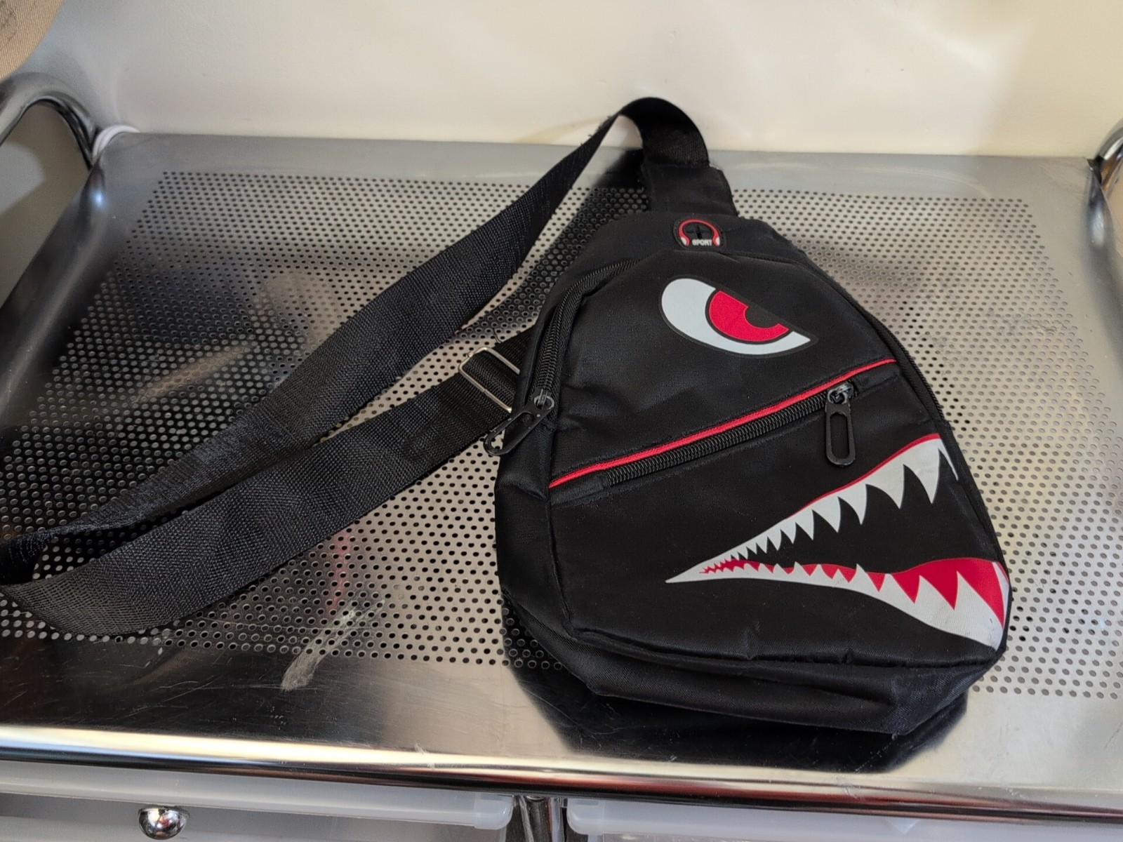 Shark Graphic Crossbody Bag Black White Red Zip Casual Designer
