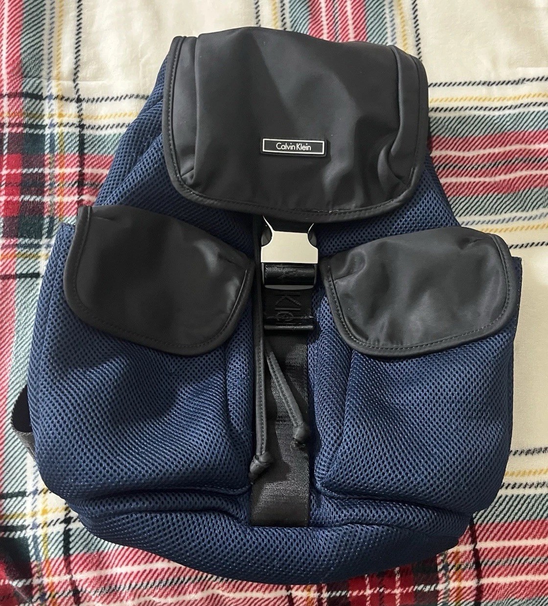 Calvin Klein Blue/Black Small Backpack Drawstring Buckle, Pockets, Lined
