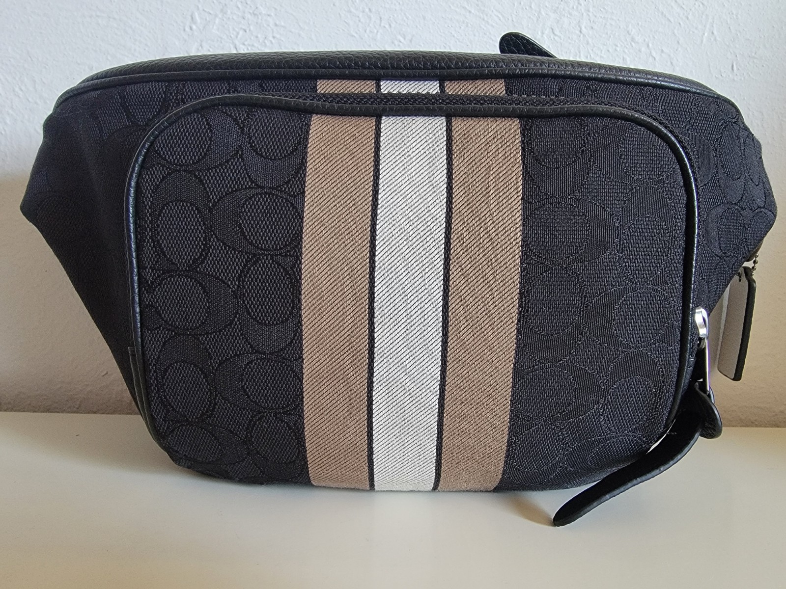 Coach Signature Jacquard Leather Thompson Varsity Stripe Waist Pack Belt Bag
