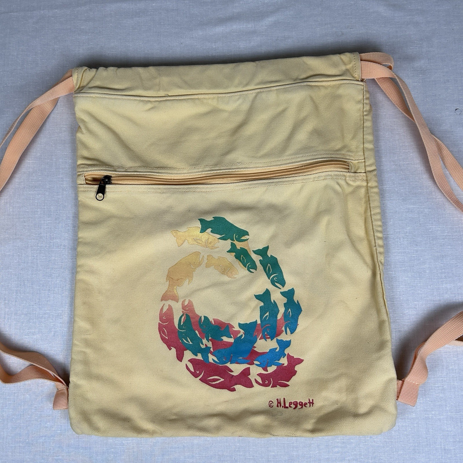 Authentic Pigment Cinch Sack 100 % Cotton Canvas yellow Ocean Fish 14 X 17”