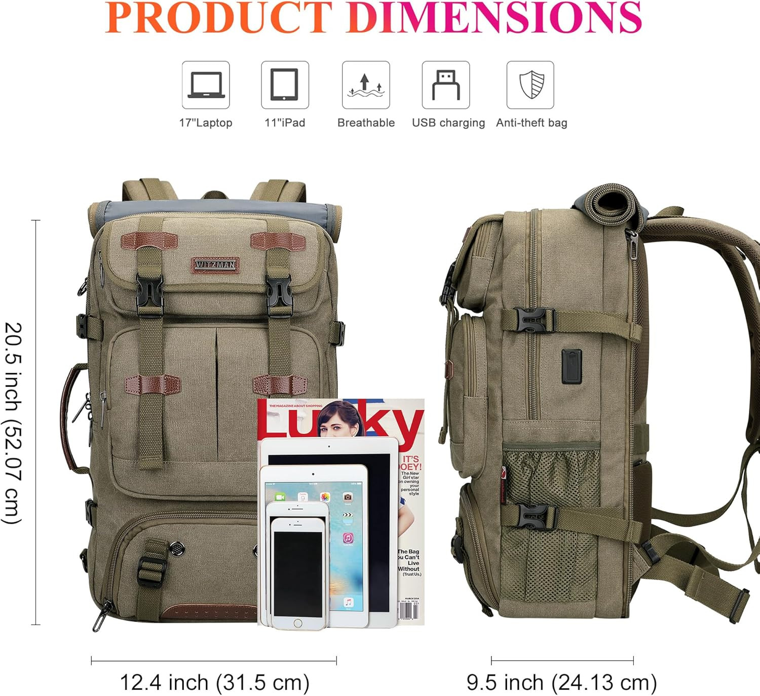 40L Convertible Travel Backpack for Men – Army Green Laptop Bag