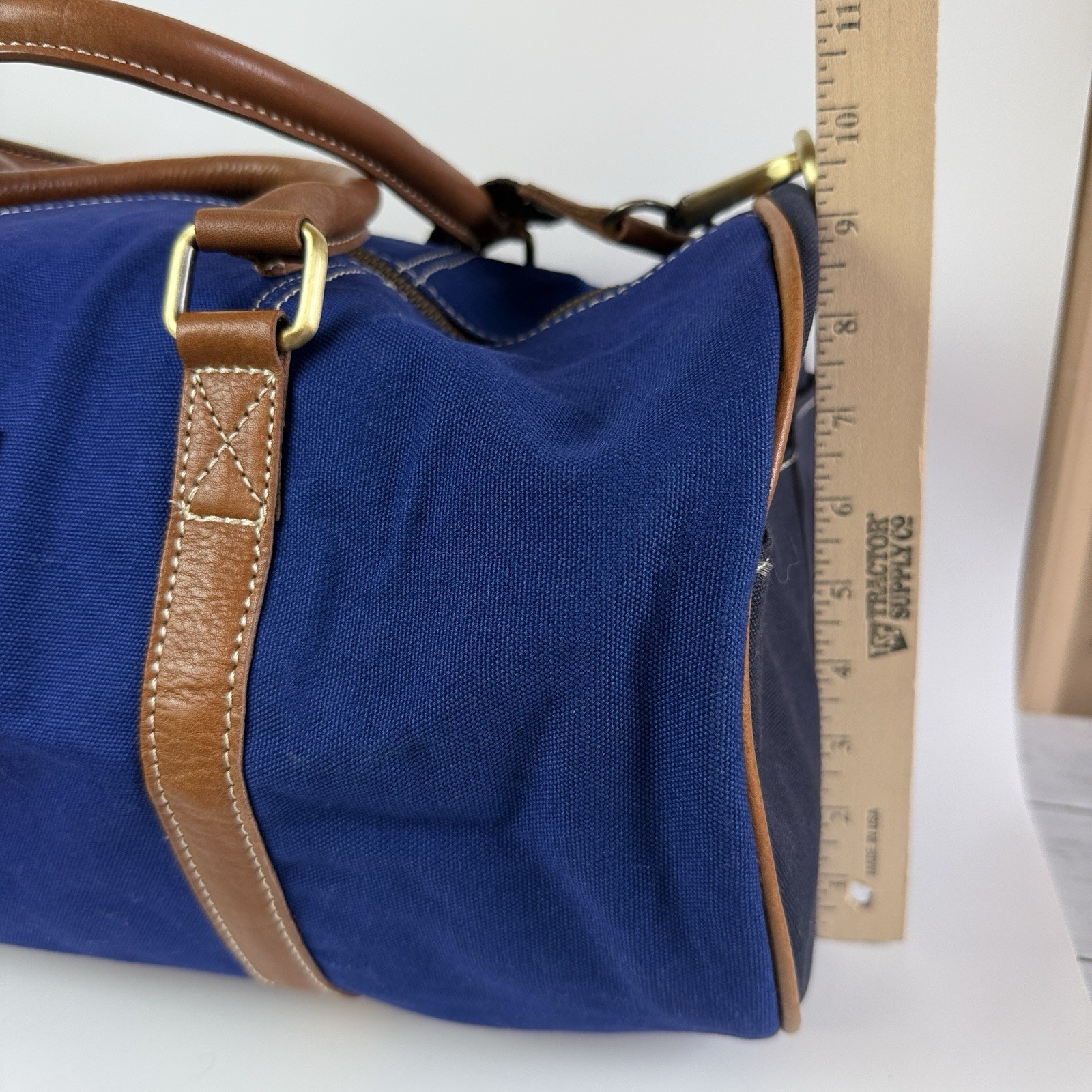 F.H. Wadsworth NYC Blue Matron Fabric Brown Leather Trim Zip Duffle Bag New